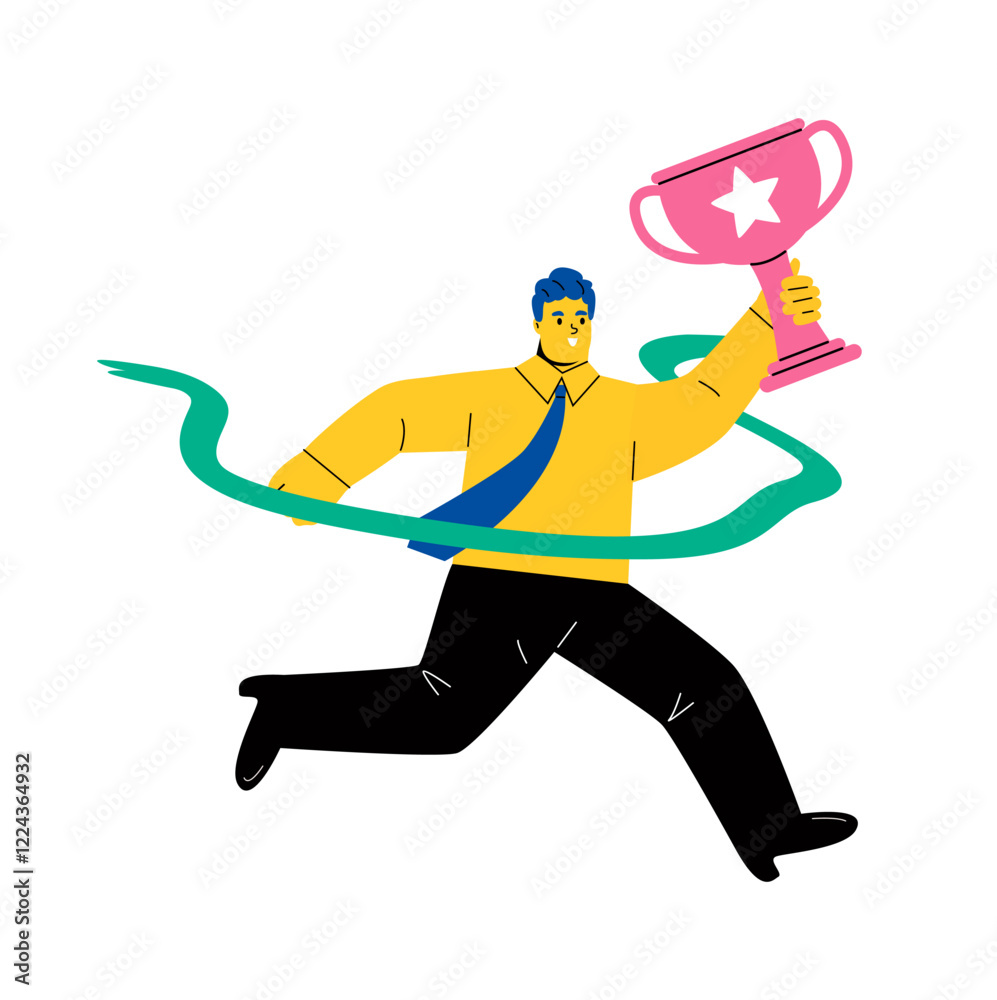 Business man run cross the finish line. Success concept. Flat vector illustration isolated on white background Business man run cross the finish line. Success concept. Flat vector illustration isolated on white background