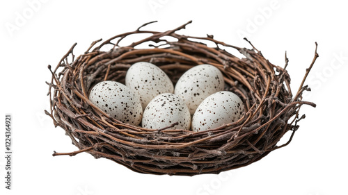 A delicate nest with speckled eggs resting quietly in a nature-inspired setting indoors