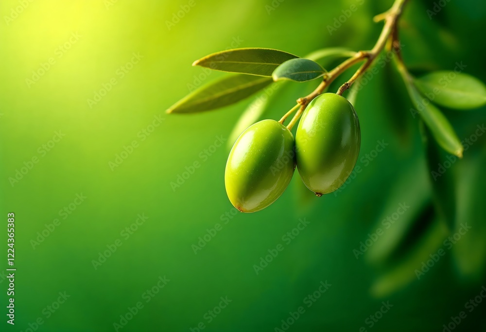 Two Ripe Green Olives on Branch, Close-Up, Sunlight, Green Background - Fresh Olive Harvest, Mediterranean Food, Healthy Eating Concept Two Ripe Green Olives on Branch, Close-Up, Sunlight, Green Background - Fresh Olive Harvest, Mediterranean Food, Healthy Eating Concept