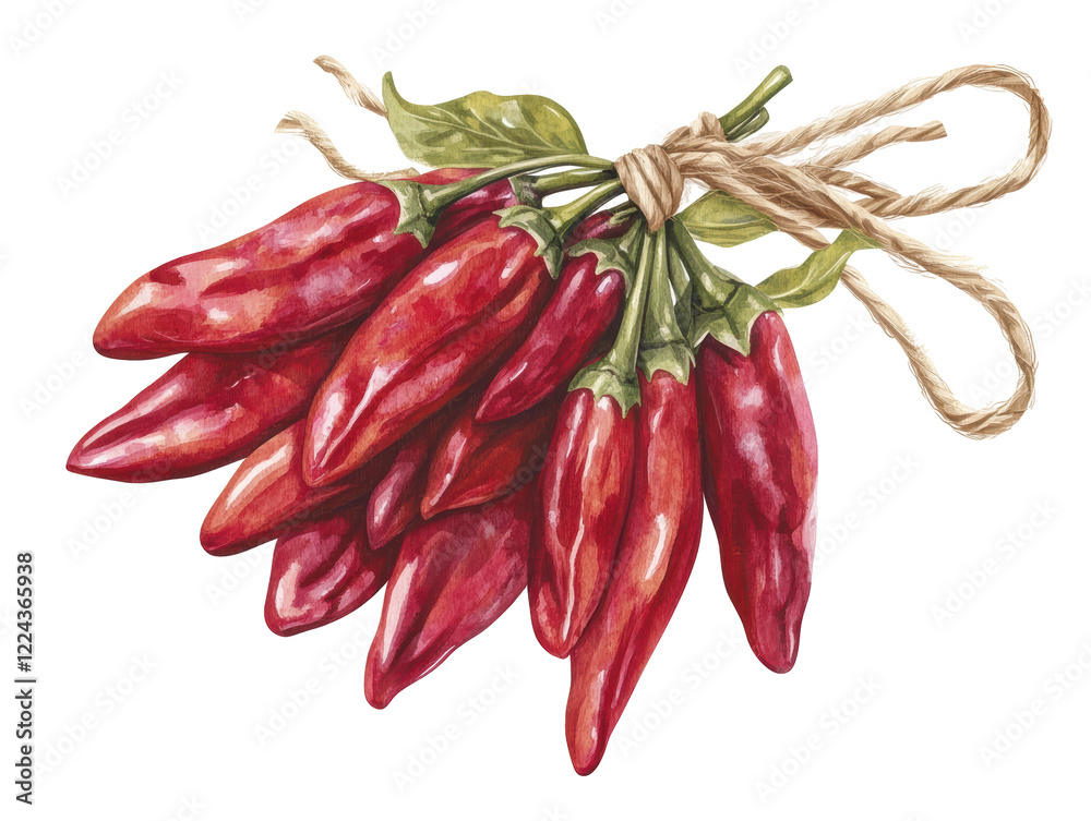 Isolated Bunch of Red Chili Peppers with String Isolated Bunch of Red Chili Peppers with String