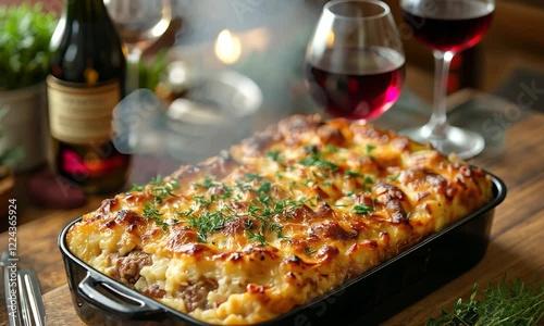 Wallpaper Mural Delicious baked casserole with golden crust, served on a rustic table with wine and greenery Torontodigital.ca