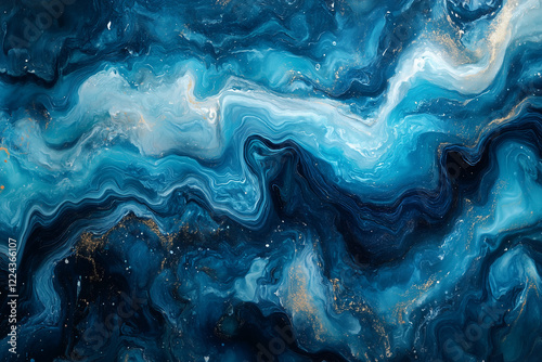 An abstract watercolor background featuring swirls of blue, azure, and turquoise tones, creating a fluid, serene ocean-like effect with subtle golden accents and soft, blended textures photo