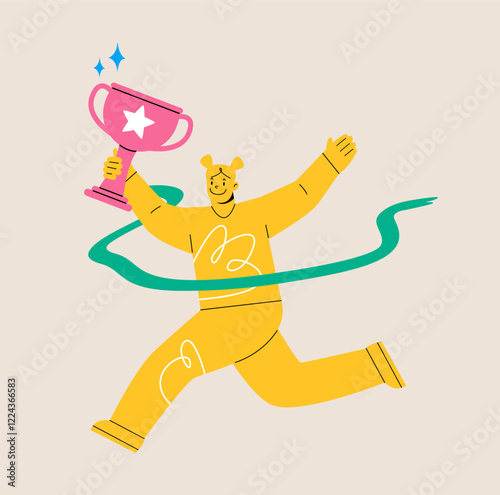 Woman run cross the finish line. Success concept. Colorful vector illustration