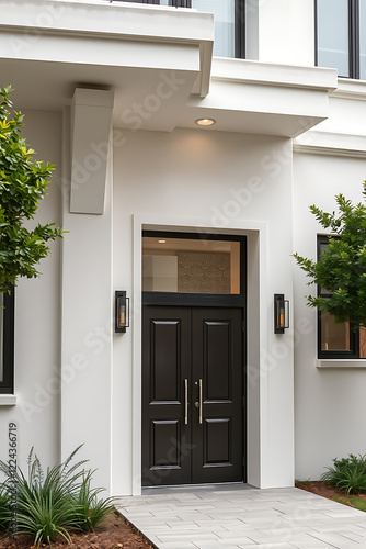 Modern House Exterior: Elegant Black Double Door Entrance with White Facade and Landscaping