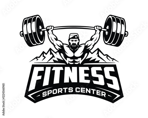 Powerlifting gym logo, bold fitness sports center emblem with strongman lifting heavy weights, perfect for gym branding, athletic apparel, workout motivational designs, and fitness club logos.