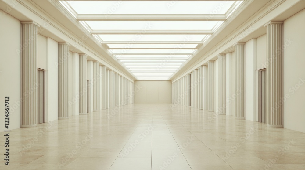 Fototapeta premium Elegant, long gallery with columns and high ceiling.