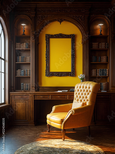 Blank Frame and Classical European style room wall poster mockup. Interior mockup with brown and bright yellow colours. Classic interior design. 3D render 300dpi