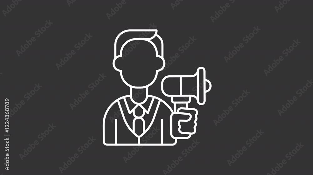 Promoter white line animation. Advertising animated icon. Moving head, hand. Marketing organization, employee. Isolated illustration on dark background. Transition alpha video. Motion graphic Promoter white line animation. Advertising animated icon. Moving head, hand. Marketing organization, employee. Isolated illustration on dark background. Transition alpha video. Motion graphic