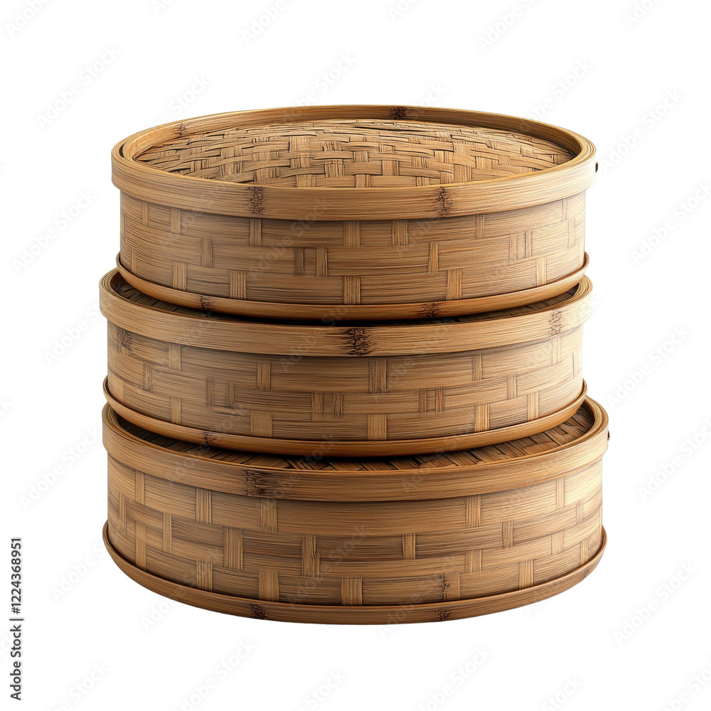 A close-up of three bamboo steamers stacked together, showcasing traditional Asian cooking techniques used for steaming various dishes. A close-up of three bamboo steamers stacked together, showcasing traditional Asian cooking techniques used for steaming various dishes.