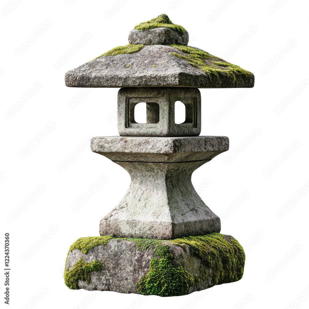 A weathered stone lantern covered in moss, standing as a symbol of tranquility. This traditional piece enhances garden aesthetics and reflects cultural heritage.