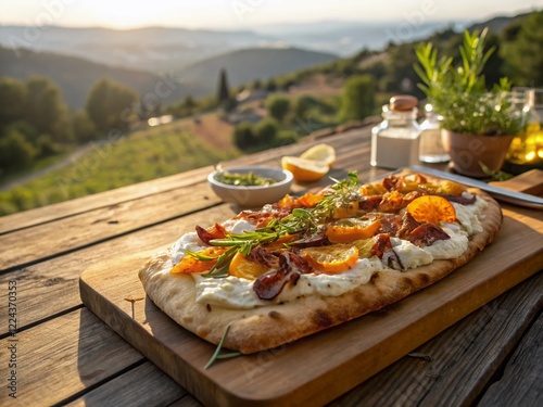 Aerial View of Delicious Pinsa Romana with Sweet Potato, Ricotta, Lemon, Rosemary & Crispy Bacon