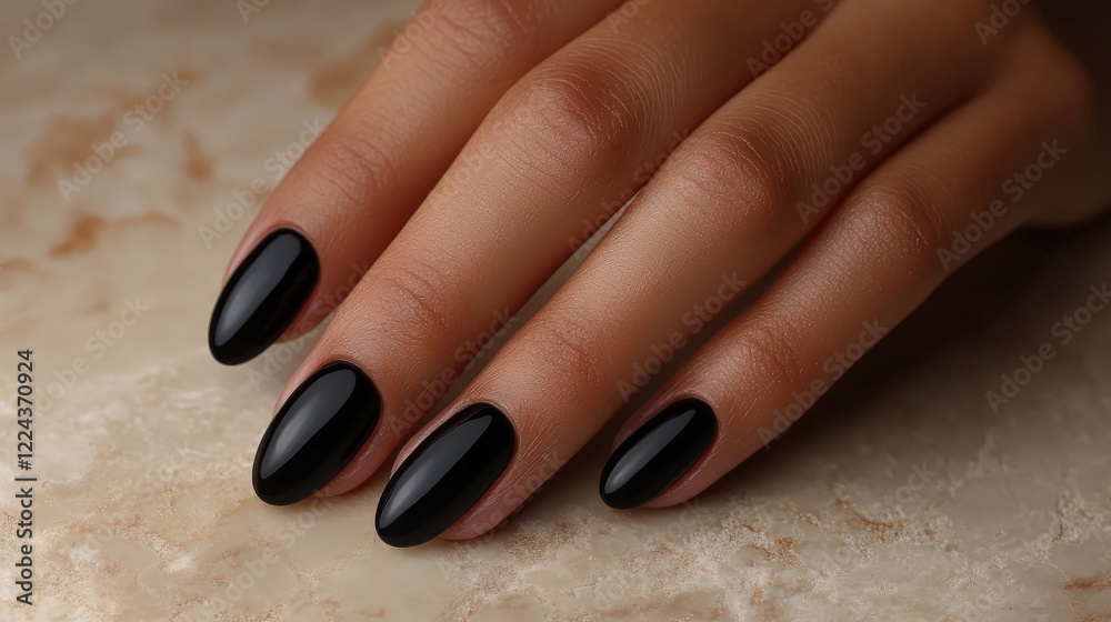 Close-up of elegant black nail polish resting on smooth light stone surface Close-up of elegant black nail polish resting on smooth light stone surface
