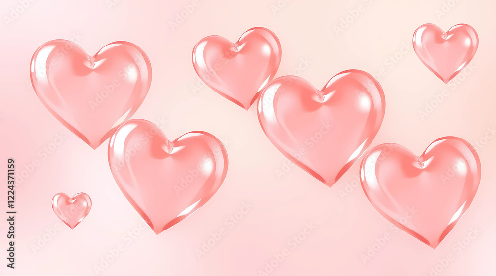 Pink Glass Hearts on Blush Background - 3D Rendering of Transparent Crystal Love Symbols in Pastel Valentine Design Pink Glass Hearts on Blush Background - 3D Rendering of Transparent Crystal Love Symbols in Pastel Valentine Design