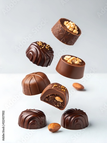 Chocolate pralines infused with nuts, floating in mid-air, revealing crunchy almonds and peanuts within their rich cocoa shells. photo