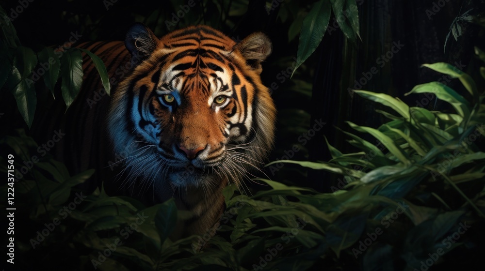 Majestic Tiger Stealthily Navigating Through a Lush Jungle Environment