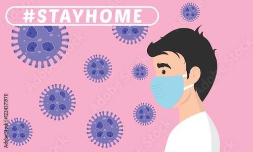 Stay home vector content on a white background. #stayhome background. man wearing mask.