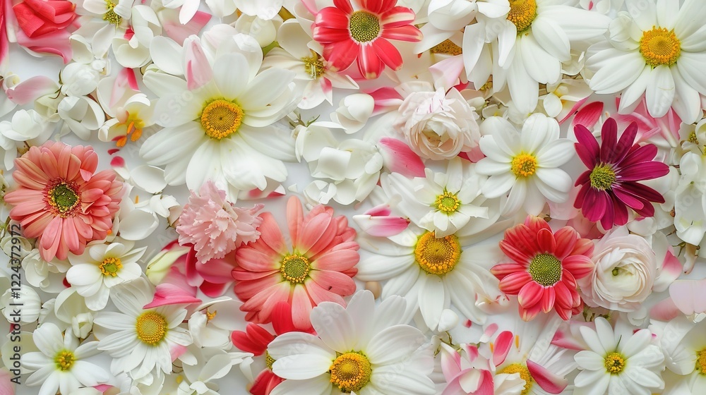 Obraz premium A charming spring background adorned with an array of spring flowers and delicate daisies. The vibrant colors and sweet scents of these blossoms create a refreshing and inviting atmosphere 