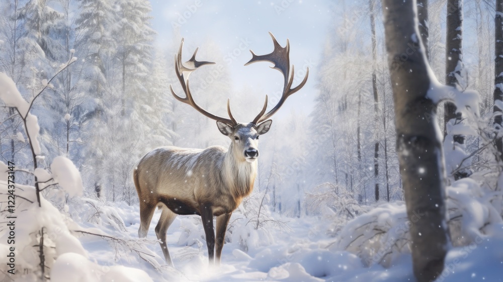 Solitary Deer with Antlers Amidst a Scenic Winter Landscape Solitary Deer with Antlers Amidst a Scenic Winter Landscape