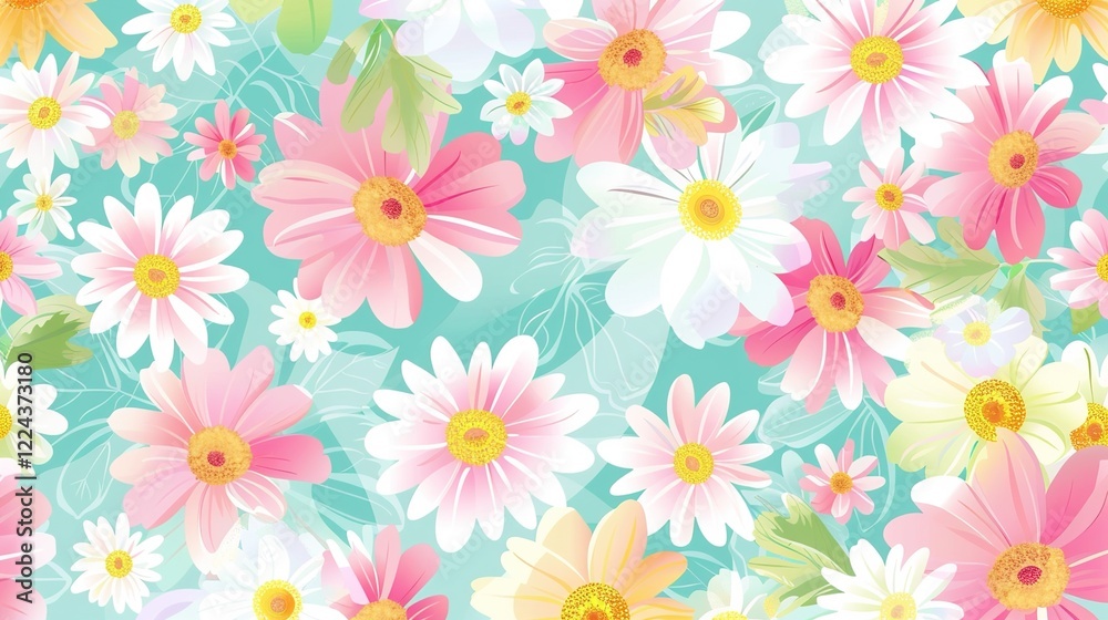 A charming spring background adorned with an array of spring flowers and delicate daisies. The vibrant colors and sweet scents of these blossoms create a refreshing and inviting atmosphere A charming spring background adorned with an array of spring flowers and delicate daisies. The vibrant colors and sweet scents of these blossoms create a refreshing and inviting atmosphere