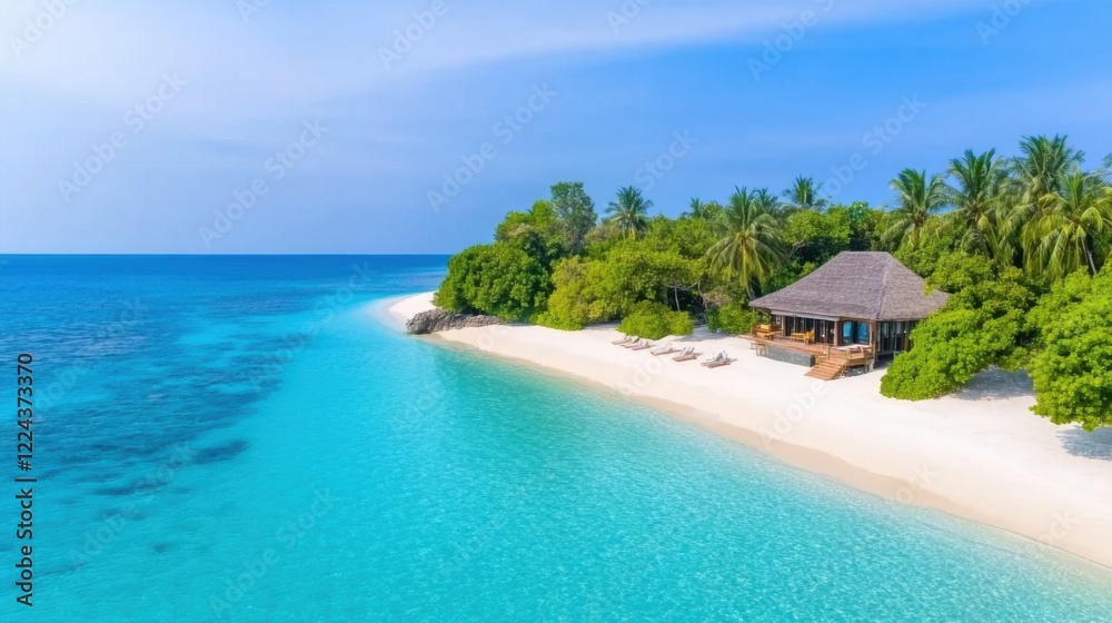 Naklejka premium Serene Tropical Beachfront Retreat with Crystal Clear Waters and Lush Greenery Under Bright Blue Sky