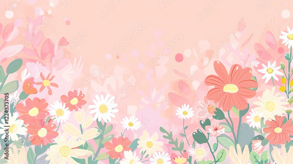 A charming spring background adorned with an array of spring flowers and delicate daisies. The vibrant colors and sweet scents of these blossoms create a refreshing and inviting atmosphere A charming spring background adorned with an array of spring flowers and delicate daisies. The vibrant colors and sweet scents of these blossoms create a refreshing and inviting atmosphere