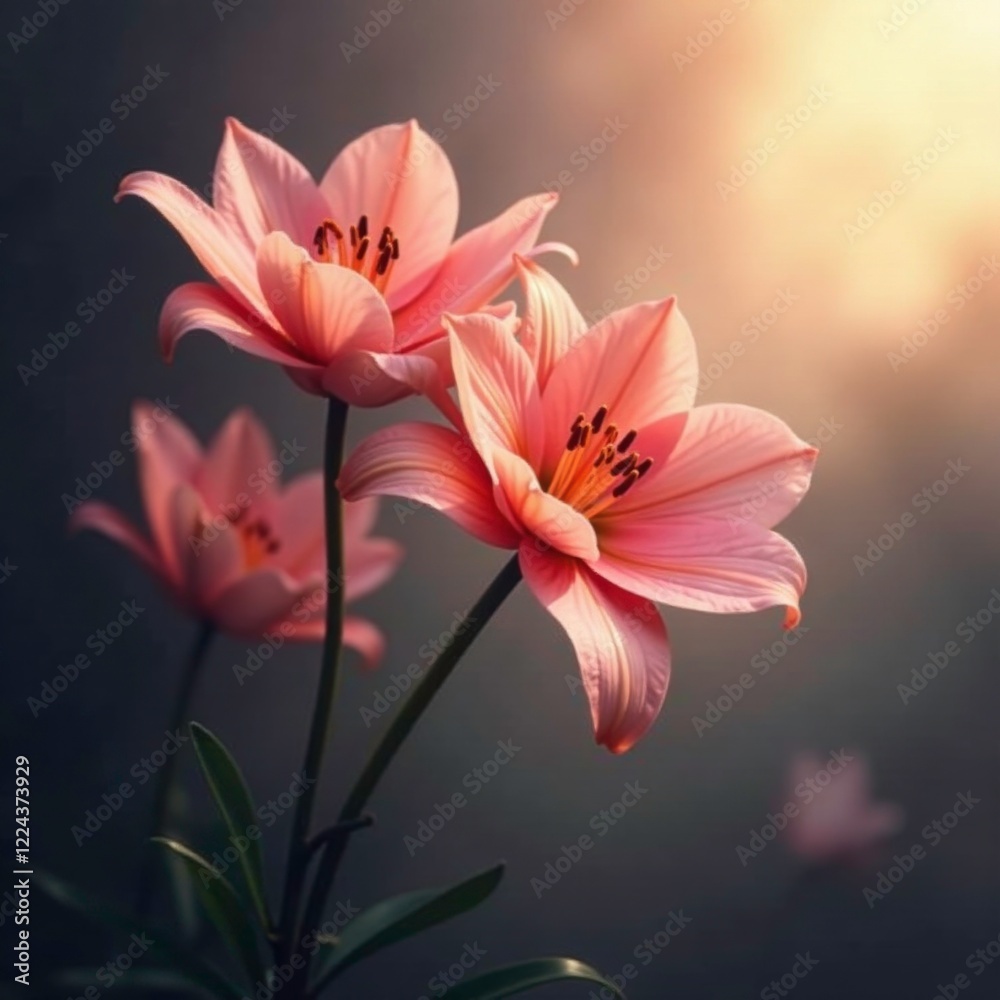 Fototapeta premium Softly glowing lily blooms in misty atmosphere, smoke, mist
