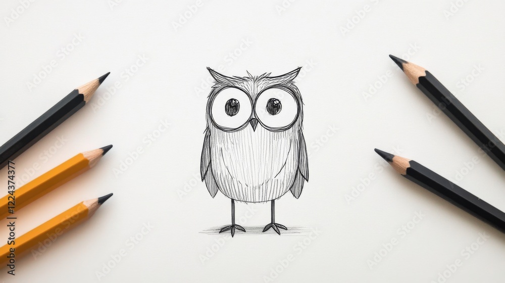Sketch of cute owl with pencils.