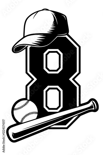 Baseball Icon with Number 8 Design , Black and white sports-themed graphic featuring a baseball bat, ball, cap, and bold number "8" in a stylish design on a white background.  
 

