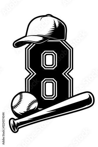 Baseball Icon with Number 8 Design , Black and white sports-themed graphic featuring a baseball bat, ball, cap, and bold number "8" in a stylish design on a white background.  
 
