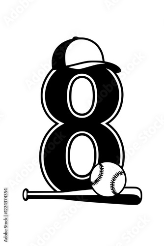 Baseball Icon with Number 8 Design , Black and white sports-themed graphic featuring a baseball bat, ball, cap, and bold number "8" in a stylish design on a white background.  
 
