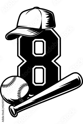 Baseball Icon with Number 8 Design , Black and white sports-themed graphic featuring a baseball bat, ball, cap, and bold number "8" in a stylish design on a white background.  
 
