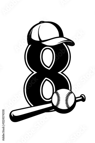 Baseball Icon with Number 8 Design , Black and white sports-themed graphic featuring a baseball bat, ball, cap, and bold number "8" in a stylish design on a white background.  
 

