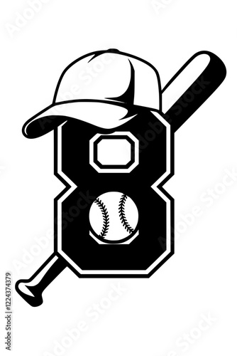 Baseball Icon with Number 8 Design , Black and white sports-themed graphic featuring a baseball bat, ball, cap, and bold number "8" in a stylish design on a white background.  
 
