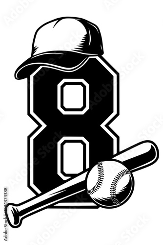 Baseball Icon with Number 8 Design , Black and white sports-themed graphic featuring a baseball bat, ball, cap, and bold number "8" in a stylish design on a white background.  
 
