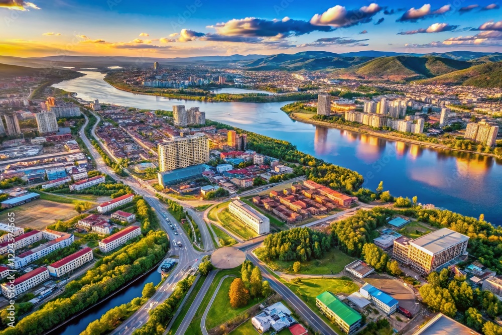Fototapeta premium Aerial View of Krasnoyarsk, Russia: Cityscape Map with Labeled Points of Interest