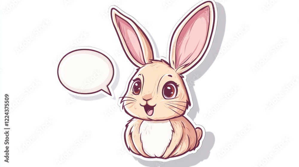 Obraz premium Sticker design with a white background, featuring a cartoon rabbit head with a speech bubble, simple lines, and a cute appearance.
