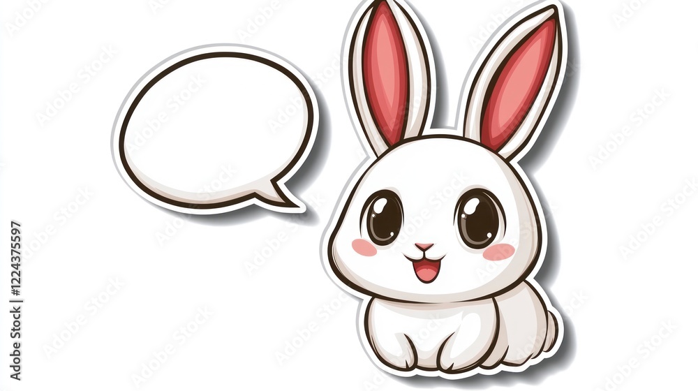 Obraz premium Sticker design with a white background, featuring a cartoon rabbit head with a speech bubble, simple lines, and a cute appearance.
