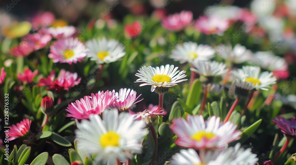 A charming spring background adorned with an array of spring flowers and delicate daisies. The vibrant colors and sweet scents of these blossoms create a refreshing and inviting atmosphere 