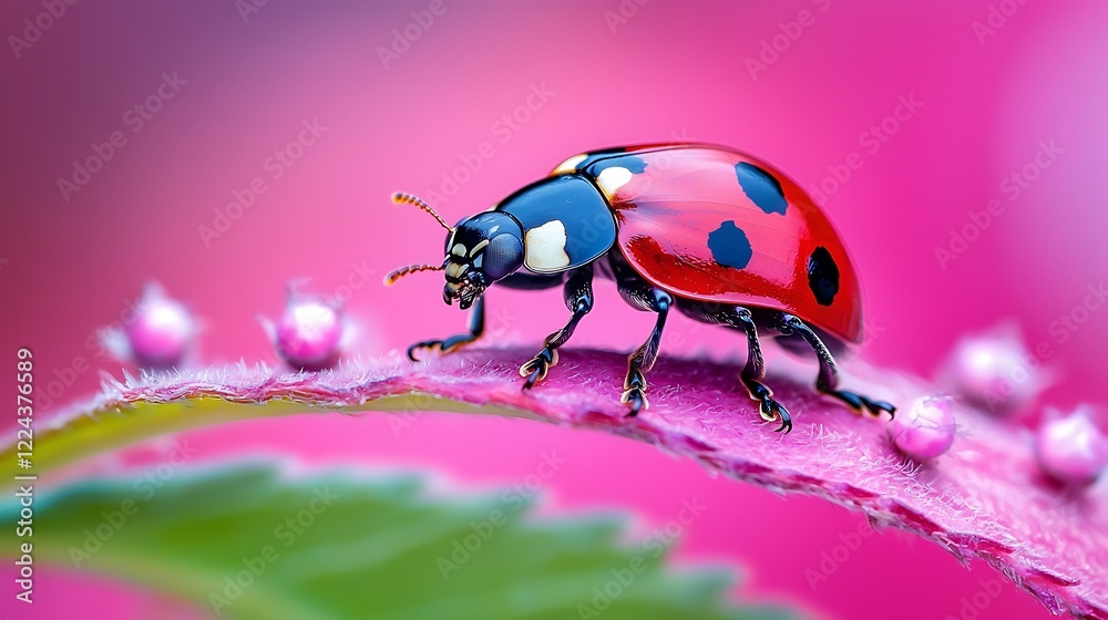 Fototapeta premium Close Up Of A Ladybug On A Pink Leaf