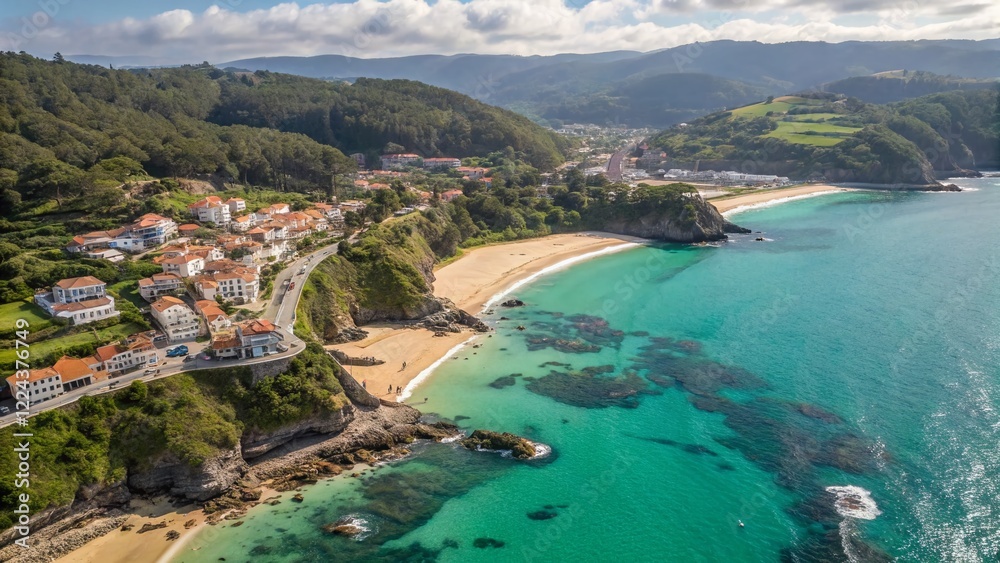 Obraz premium Aerial View of Morentos Coastal Town, Stunning Drone Photography of Mediterranean Sea Coastline