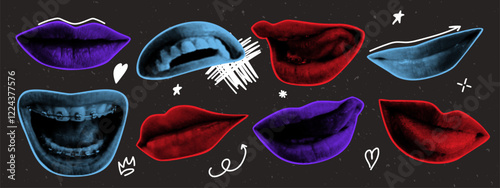 Halftone mouth and lips set with naive doodle elements. Y2K collage design. Retro vector illustration