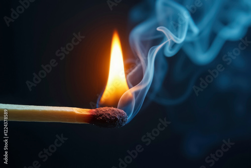 A burning matchstick with smoke on a dark background