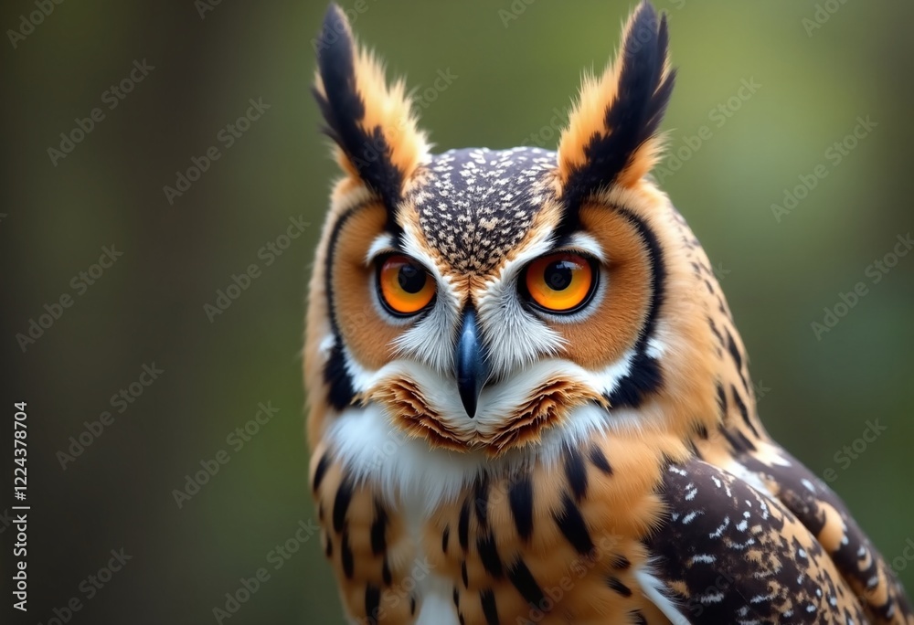Owl staring at the camera, a large owl found throughout North and South America, with hornlike ear tufts, World Wildlife Day Owl staring at the camera, a large owl found throughout North and South America, with hornlike ear tufts, World Wildlife Day