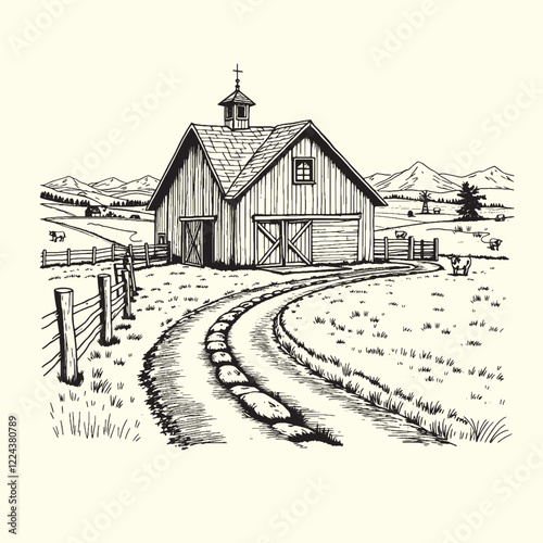 Hand-drawn farm ranch sketch line art illustration