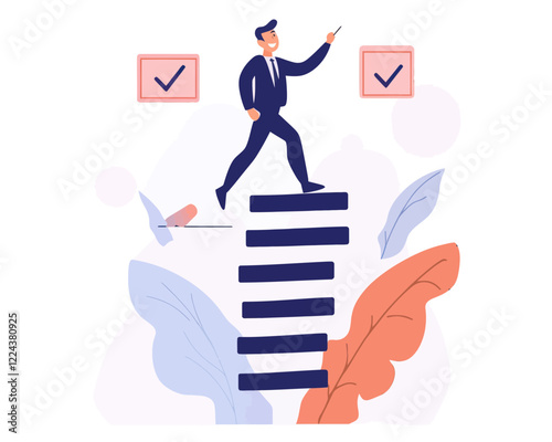 Business Development Progression: From Challenges to Project Success - Flat Minimalist Vector - Businessman Stepping on Checklist to Achieve Goals and Win Competition