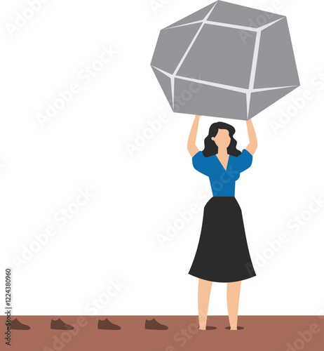 Businesswoman overwhelmed by grey rock symbolizes struggles. Ideal for business concepts, stress, challenges, problems, obstacles, and perseverance themes
