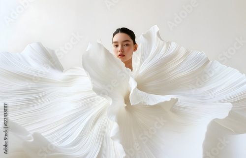Fashion editorial Concept. Dark hair woman of high fashion couture tulle flowing conceptual and pleats petal like white bridal angel dress. dynamic composition dramatic lighting. copy text space