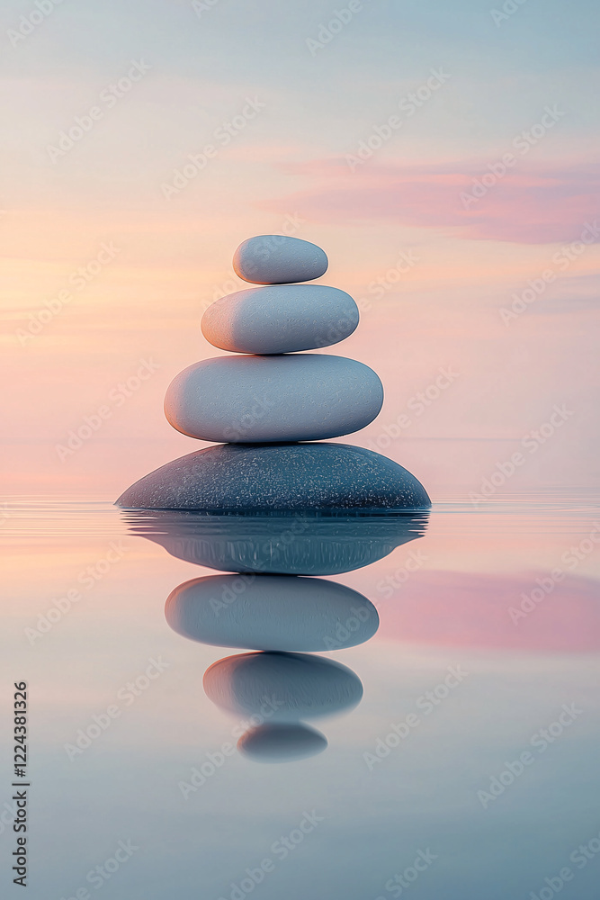 A stack of smooth stones carefully balanced on calm water, reflecting the soft pastel hues of a peaceful sunset. A stack of smooth stones carefully balanced on calm water, reflecting the soft pastel hues of a peaceful sunset.