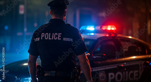 Police Officer at Night Crime Scene with Patrol Car Emergency Lights