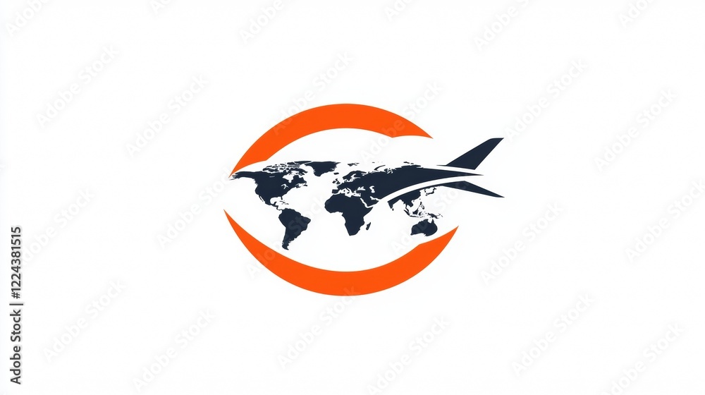 Fototapeta premium Logo design featuring a stylized airplane and world map within a circular symbol for a travel or aviation company